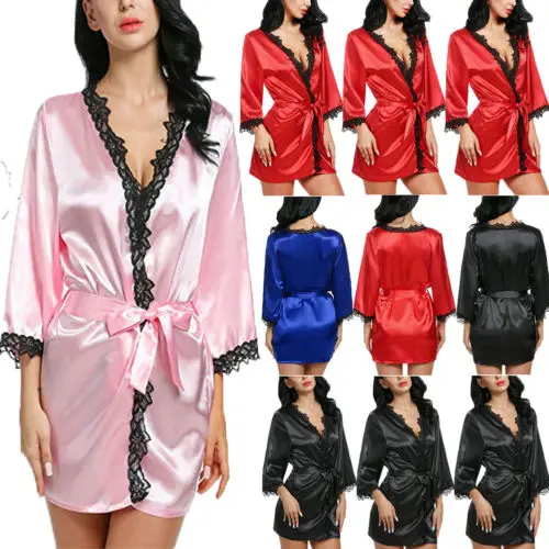 

Hot Women Solid Sexy Robe Silk Lace Summer Satin Robes Sleepwear Nightwear Gown Kimono Robe