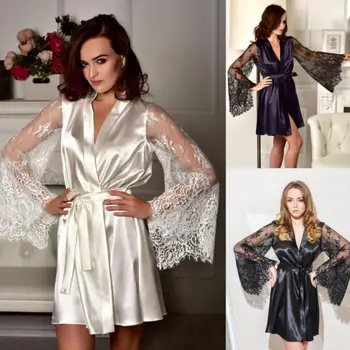 

2019 New Fashon Women Sexy Smooth Satin Lace Sleepwear Babydoll Lingerie Nightdress Long Sleeve Dress Pajamas Summer Autumn