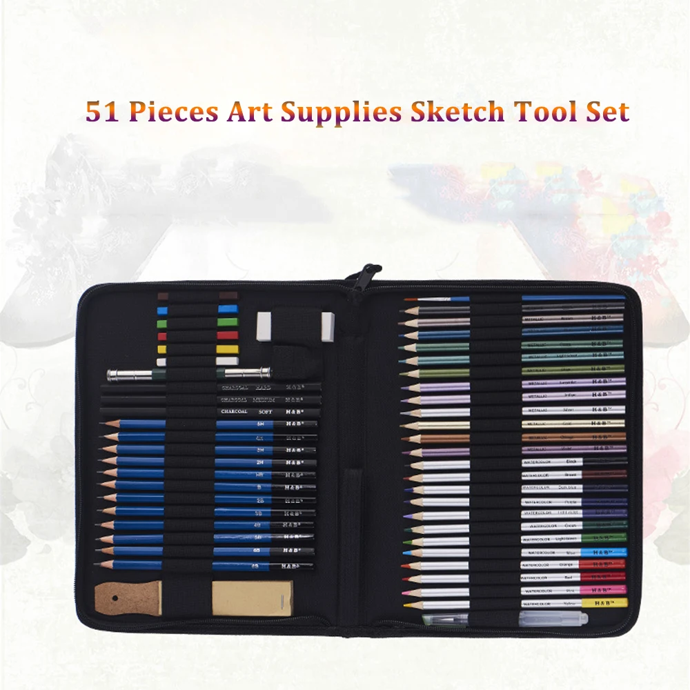 

H&B 51pcs/set Professional Drawing Kit Wood Pencil Sketching Pencils Art Sketch Painting Supplies with Carrying Bag