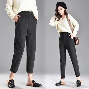 

LYJMTDBK Autumn and winter thick woolen pants trousers loose casual pants high waist harem pants wild nine points wide leg pants
