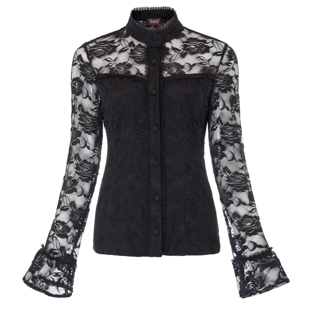 

Womens Shirt Tops Ladies Long sleeve Stand collar Patchwork Gothic Party Blouse