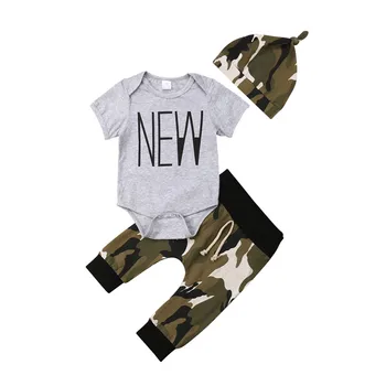 

Newborn Baby Boys NEW Letter Short Sleeve Tops Bodysuit Romper Camouflage Long Pants Leggings Caps Hat Outfits Clothes Set 0-24M