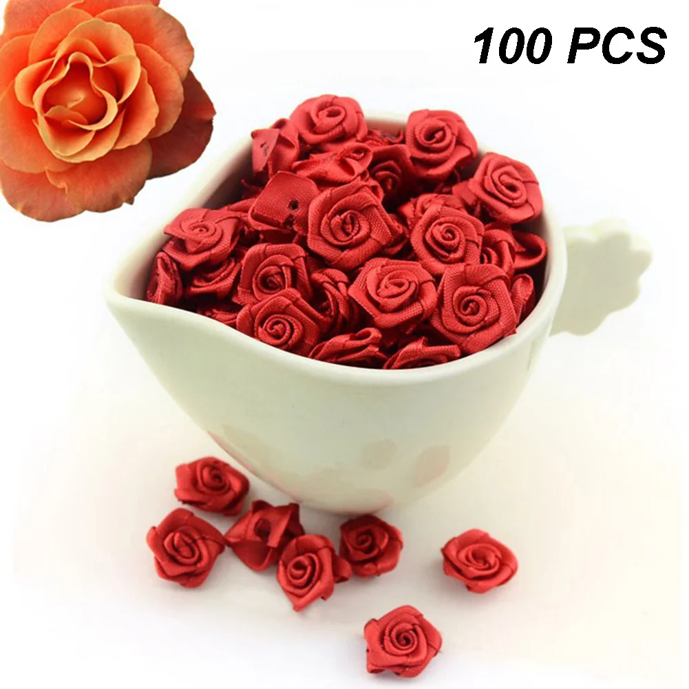 

100PCS / Lot Handmade Decorative Flower Craft Fabric Flower Party Mini Garlands Satin Rose Wedding Appliques Ribbon Rosette