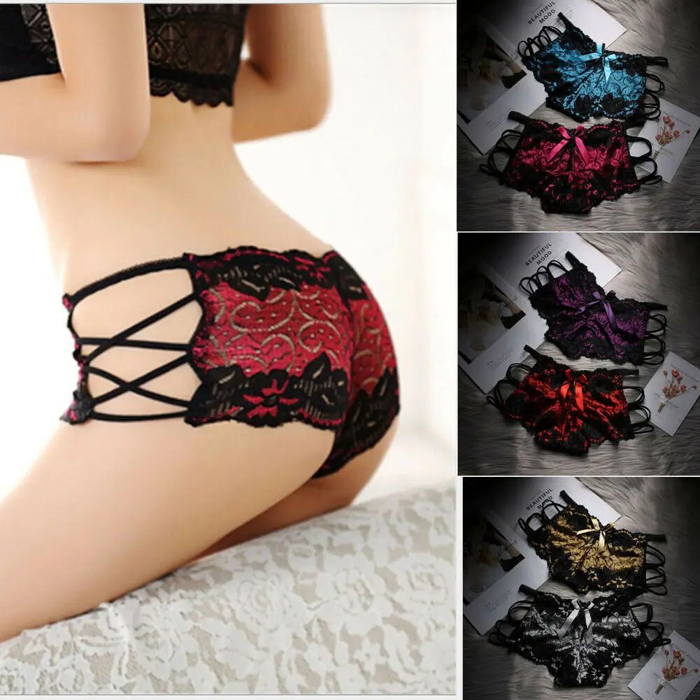 

2019 New Sexy Women Bow Underwear Exotic Briefs Lingerie Panties Lace Patchwork Intimates