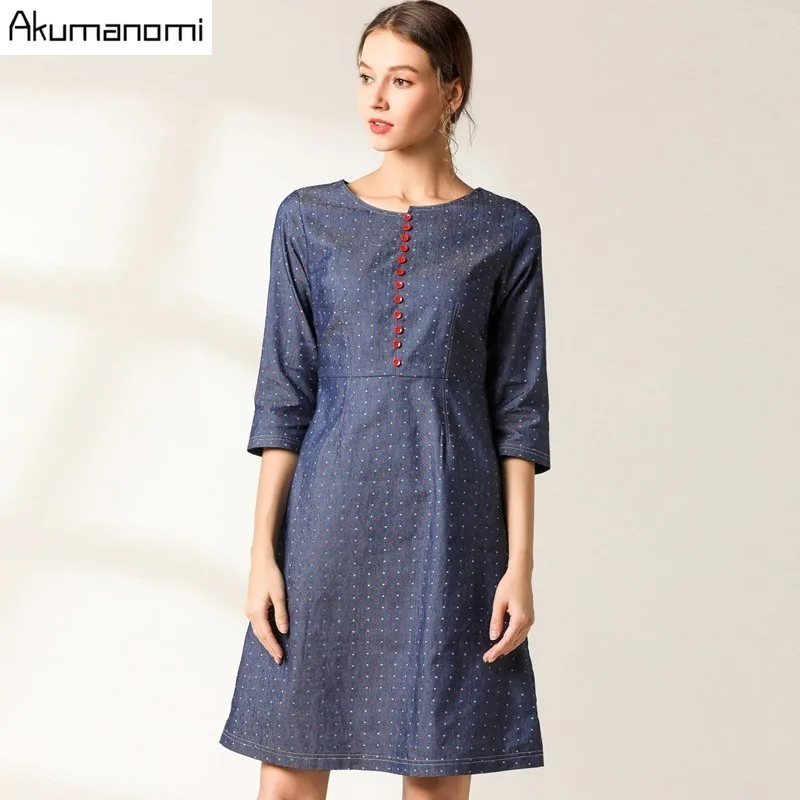 

Akuma Autumn Cotton Dot Print Dress Casual Cute Women Botton Dresses O-neck Three Quarter Sleeve Vestido L-5XL Plus Size