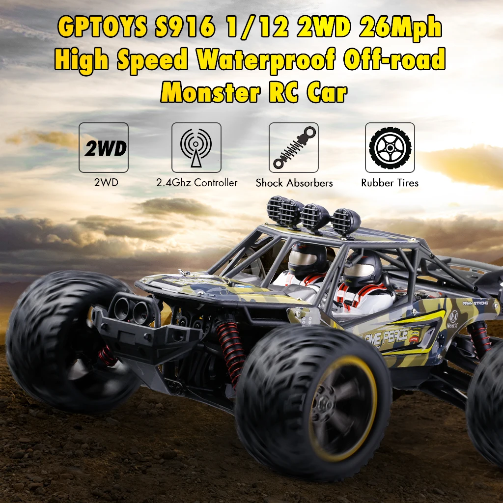 

GPTOYS S916 RC Cars 26Mph Remote Control Truck 1/12 Scale 2.4 GHz 2WD Waterproof Off-road Monster Car Best Gifts for Kids Adults