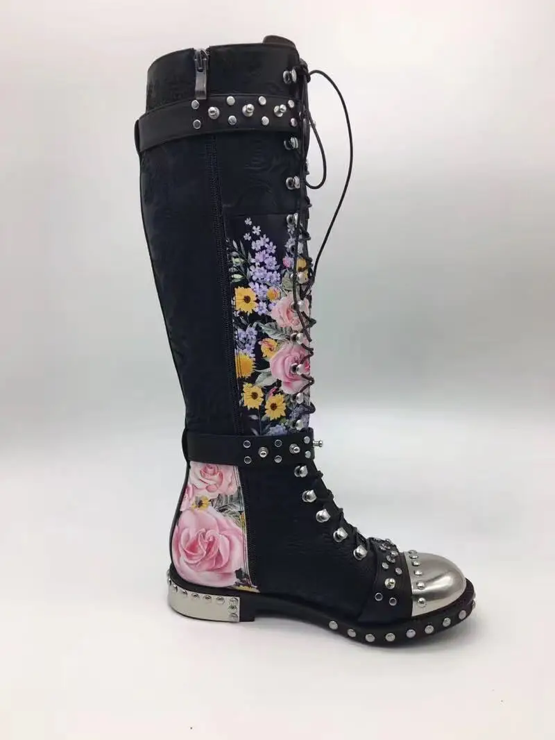 as Abesire Altas La white Pictures Redondo Rodilla Las largo Pie pink Bordado Bajo Zapatos Tacón Diseño De Black Chicas Moda Mujer Encaje Del Mujeres Botas Nuevo Metal Dedo Sq6rPwS