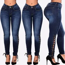 Большие размеры, S-3XL низкая талия молния сбоку кружево до джинсы для женщин облегающий с заниженной талией карманы джинсовые штаны для