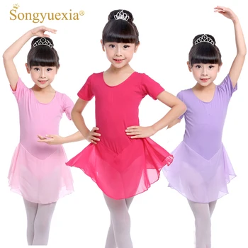 

Girls Short Sleeve Ballet Leotards Kids Dance Gymnastics Chiffon Dancewear for children Teen Unitard with TuTu Skirt Dress