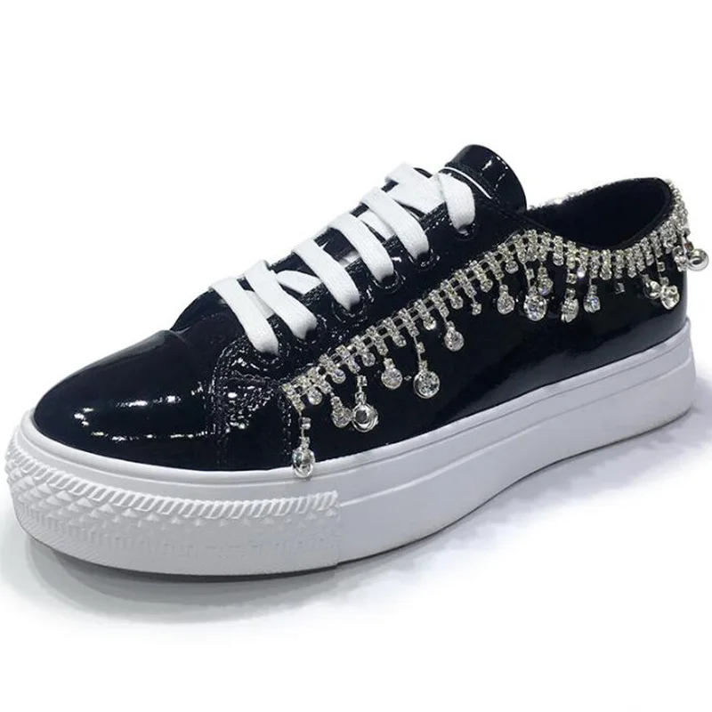 

Luxury design rhinestone+Genuine leather Women Flats Shoes New Female Casual Flat shoes Woman loafers lace up womens sneakers