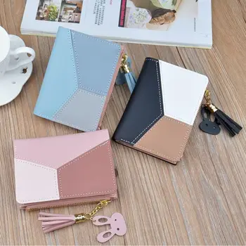 

2019 HOT Women's fashion short wallet PU leather Contrast tassel zipper cute rabbit mini clutch