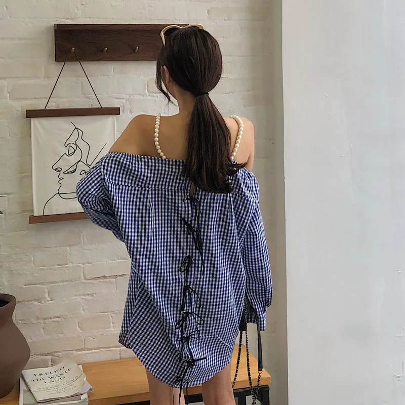 

Women Off Shoulder Sexy Plaid Shirt Dresses Girls Long Sleeve Sexy Loose Chic Dress for Woman