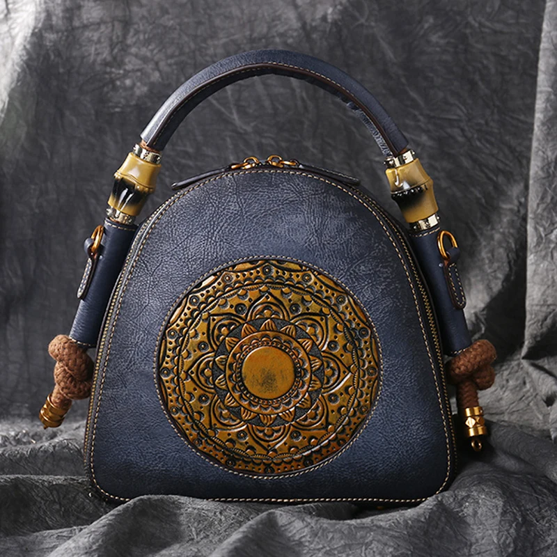 

Real Cowhide Women Shoulder Tote Messenger Bags Retro Handbag Totem Pattern High Quality Genuine Leather Top Handle Embossed Bag