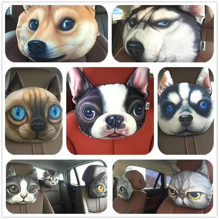 

Adeeing car headrest 3D Printed Dog Cat face Car Headrest Neck Rest Auto Neck Safety Cushion / Car Neck Support Headrest