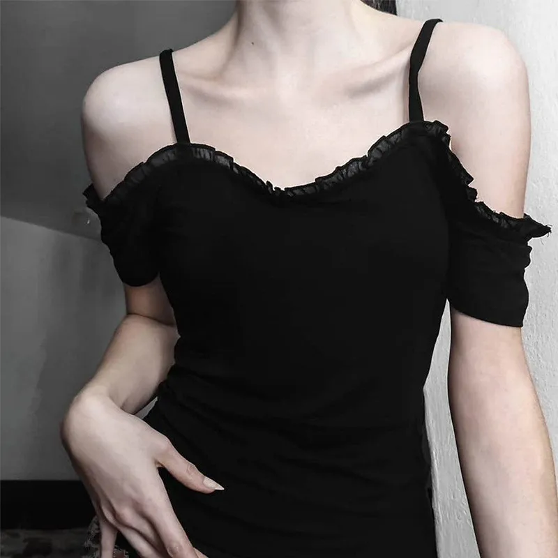 New Spring Spaghetti Strap Women Crop Top Slash Neck Bandage Short Sleeve Sexy T-Shirt