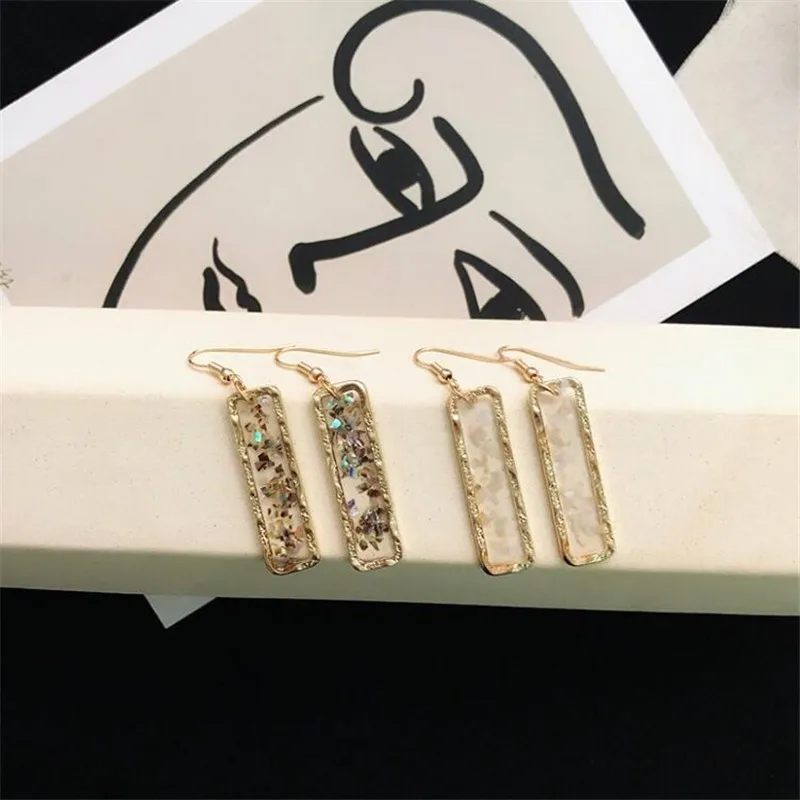

2019 Simple Design Geometric Rectangular Shiny Broken Shell Transparent Acrulic Ear Hook Long Drops Earrings For Women Girls