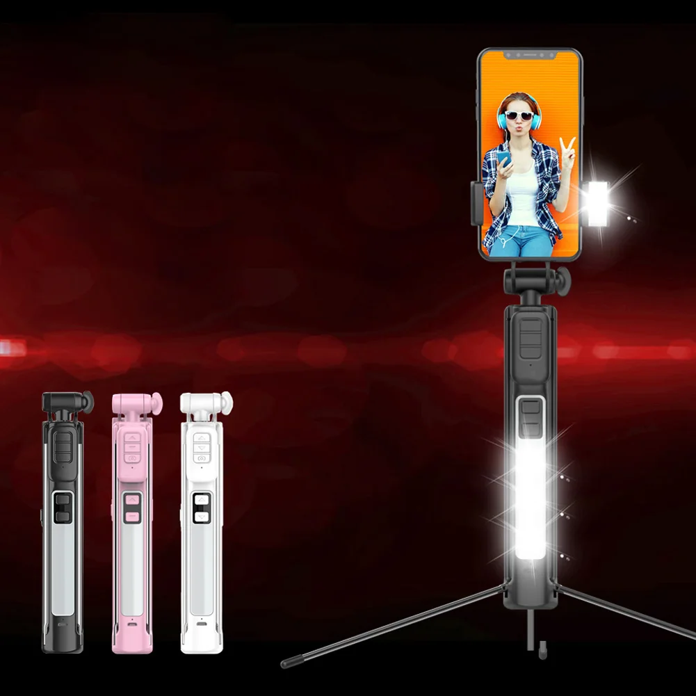

Self Pole Universal Detachable Remote With Tripod Foldable LED Fill Light Rechargeable Selfie Stick Bluetooth Phone Holder