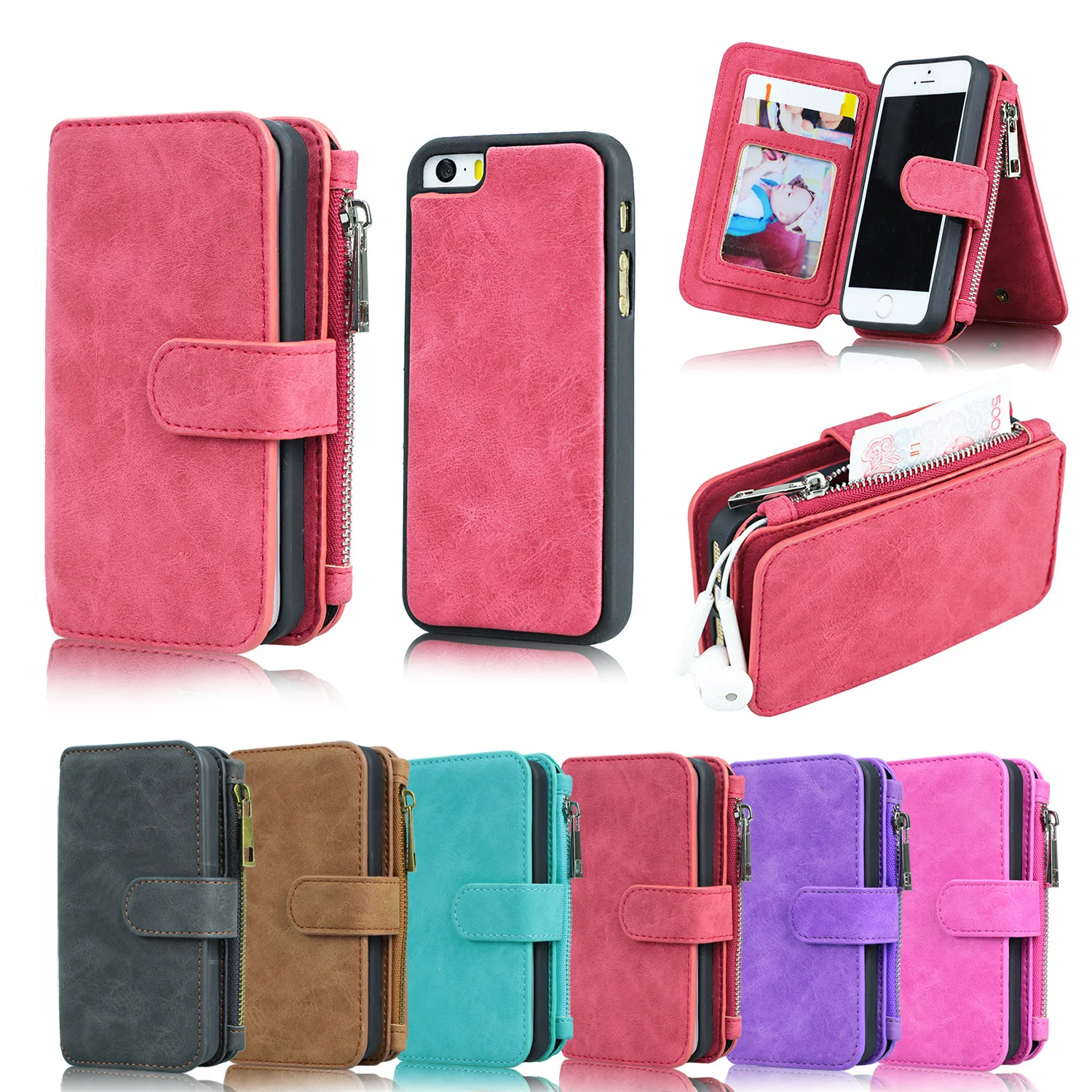 Multifunctional Zipper Wallet Case for iPhone 5 se case MEGSHI 8 credit