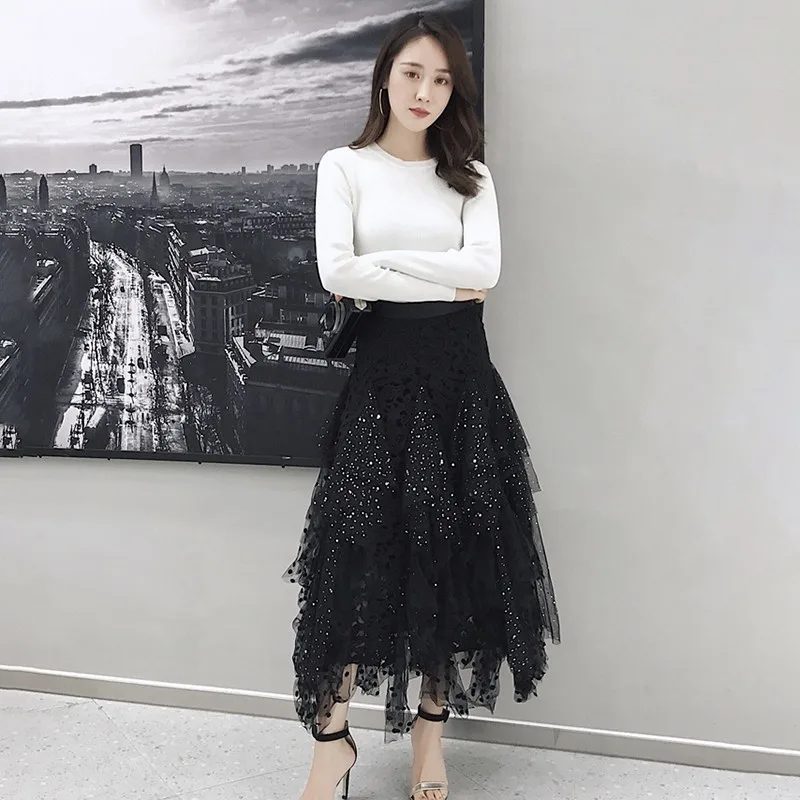 TWOTWINSTYLE Aushöhlen Polka Dot Frauen Rock Hohe Taille Mesh Unregelmäßige Mitte Röcke Weibliche Casual Koreanische 2019 Frühling Mode Neue
