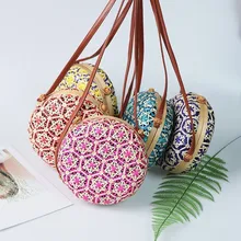 New Round Straw Beach Bag Circle Rattan Bag Women Handbag Colorful Flower Pattern Female Message Shoulder Bag Travel Beach Bag five star pattern buckle round straw bag circle rattan straw beach shoulder bag handmade handbag female women bolsa feminina