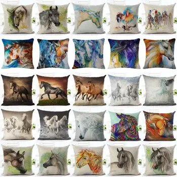 

Cotton Linen Pillow Painting Colorful Running Horse Cushion Case Home Room Gifts Single Sides Printing