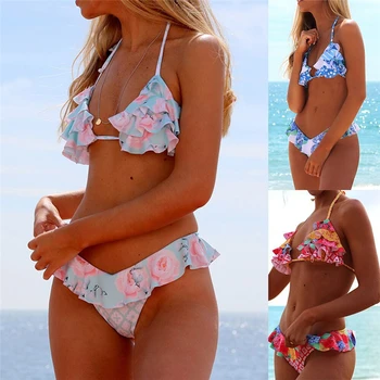 

Summer Romantic Sexy Women Push Up Padded Ruffle Bikini Bathing Suit Colourful Swimsuit Swimwear