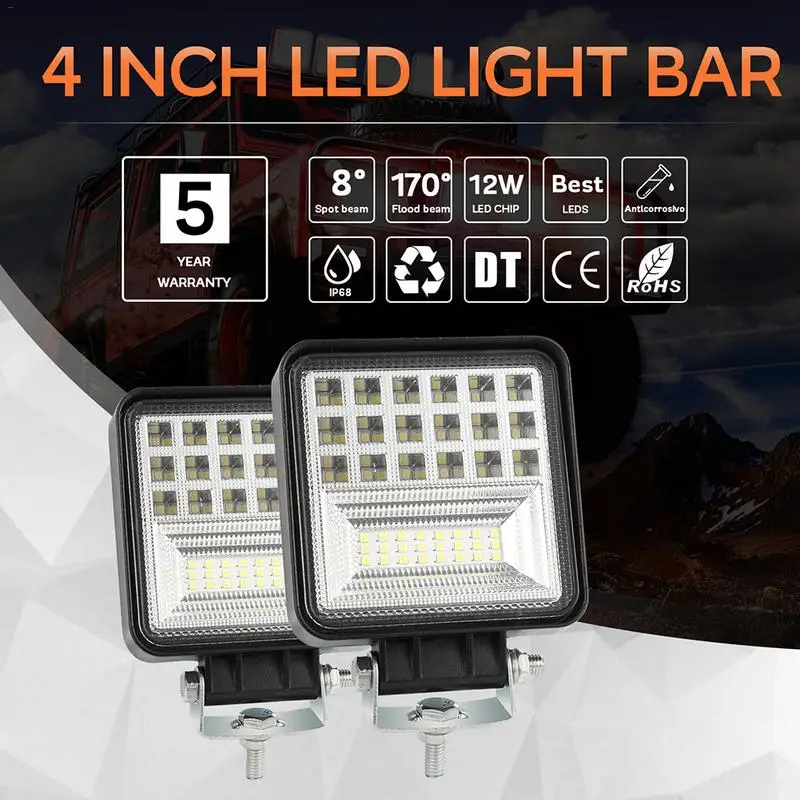 

4PC Car Work Light LED Strip Spot/flood Light 6000K Waterproof Dustproof Shockproof Off Road Light 126W Six Rows Of Four Inches