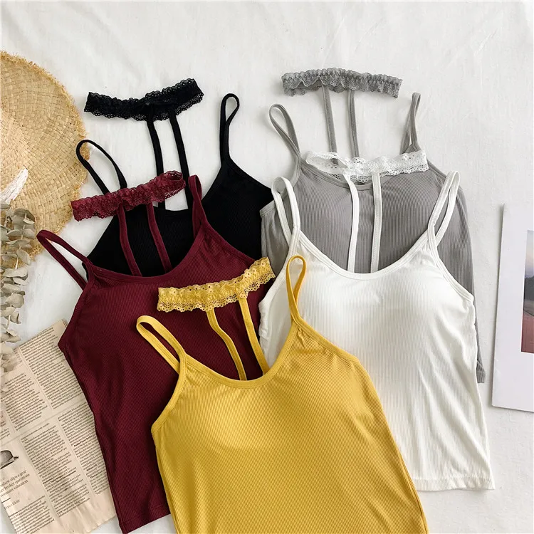

Girls Sexy Lace Halter Neck Short Camis Tops With Seperated Bra Women Padding Tanks Crop Tops For Female