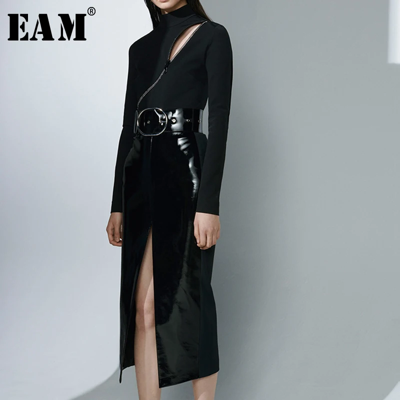 

[EAM] 2019 Spring Summer Woman Black Color Long Sleeve Stand Collar Spliced Zipper Sashes High Waist Split Leather Dress LE820