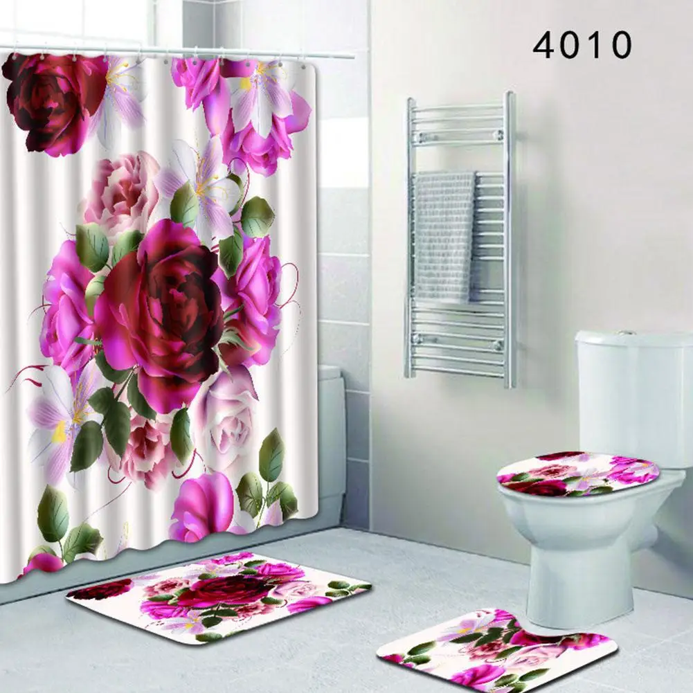 

Adeeing 4pcs/set Flowers Printing Series Non-slip Toilet Pad Cover Bath Mat + Shower Curtain Set