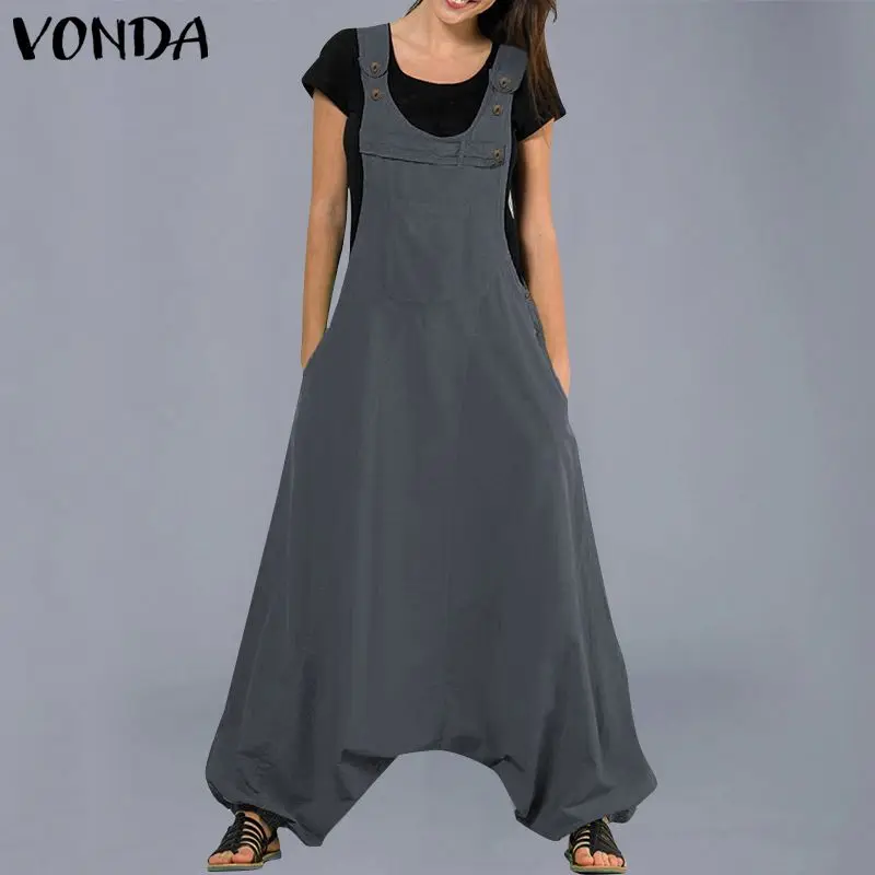 

VONDA Jumpsuits Womens Rompers 2019 Summer Casual Cotton Harem Pants Vintage Trousers Sexy Sleevelss Long Playsuits Plus Size