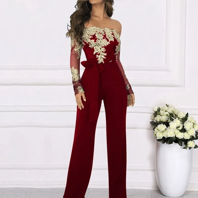 

JRNNORV Women Fashion Sexy Off Shoulder Boat Neck Long Sleeve Slash Neck Lace Up Bandage Elegant Wide Leg Jumpsuit Rompers