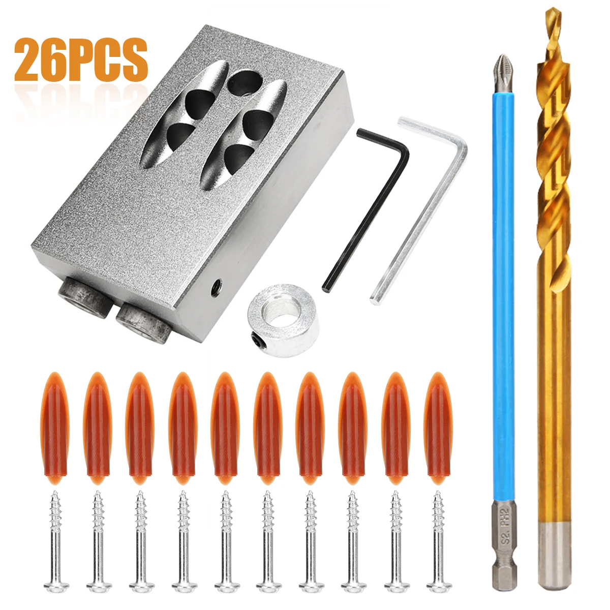 

26pcs Aluminum Alloy Pocket Hole Screw Jig with Dowel Drill Set Carpenters Wood Joint Tools Woodworking Drill Tool