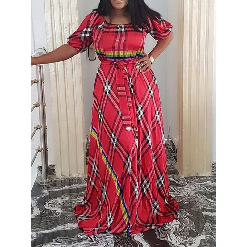 

Summer Sexy Club Sweet Party Women Long Dresses Casual Plus Size OL Ladies Red Beach Aline Plaid Elegant Female Fashion Dress