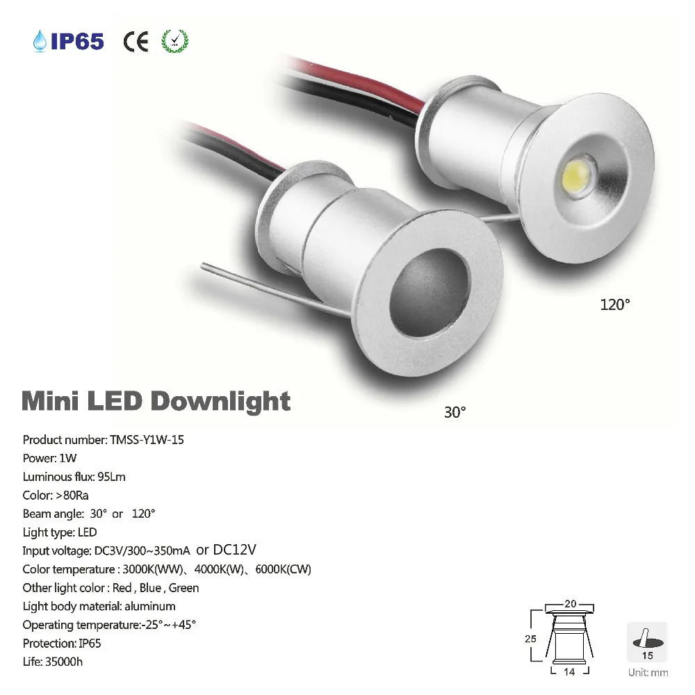 1 Вт светодиодный мини-прожектор 15 мм вырез встраиваемый светильник ing DC3V/12 В IP65 домашний потолочный светильник в кухню 30D/120D угол луча дропшиппинг