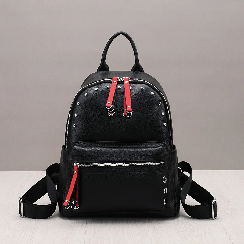 

TOPEST Woman Package Rivet Hit Color Head Layer Cowhide Leisure Time Capacity Travelling Backpack