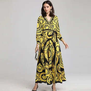 

Spring Autumn Office Lady Fashion Dresses V-neck Printed Elegant Long Sleeves Womens Long Dress With Sashes High-quality Holidy