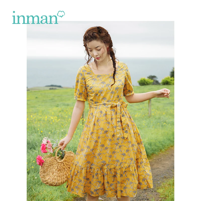 

INMAN 2019 Summer New Arrival Square Collar Retro Literary Floral Defined Waist Slim A-line Women Dress
