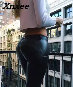 

PU leather pants women high elatic leggings sexy slim hip push up pants fitness leather trousers plus size Xnxee