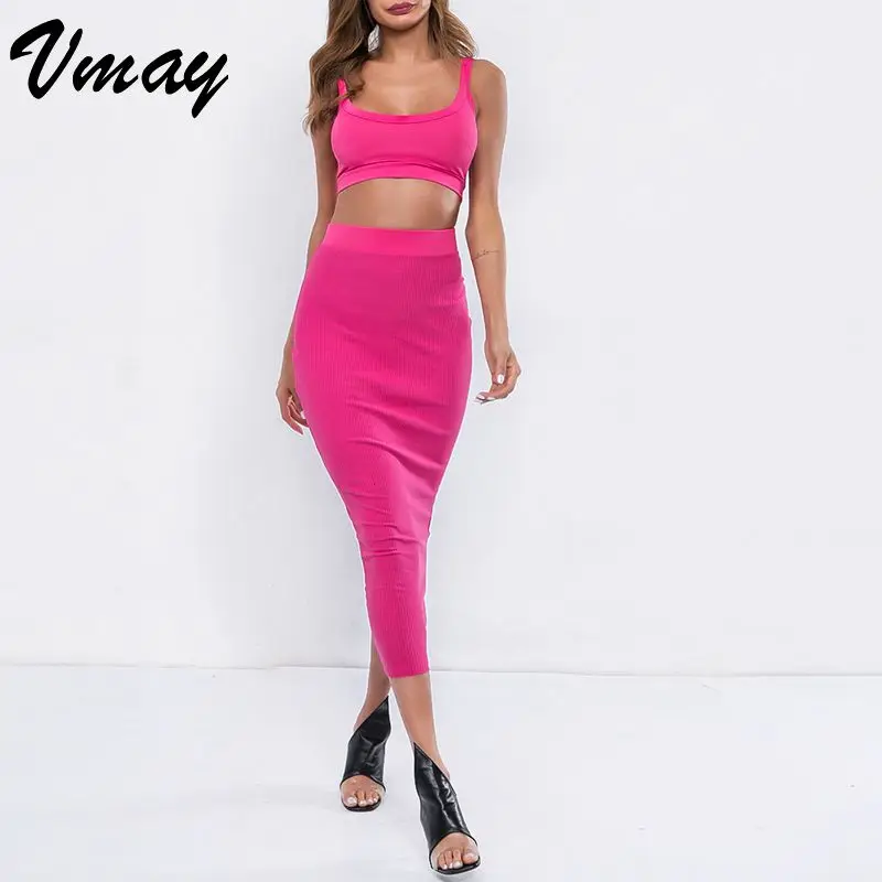 Vmay Solid Color Sling Tube Topless Umbilical Bag Hip Casual Suits 2019 Spring High Street Elastic Waist Mid-calf Dresses | Женская