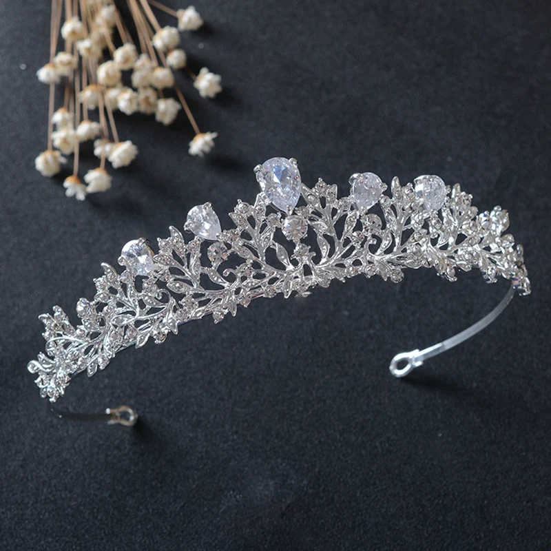 

Silver Clear Crystal Leaf Cubic Zircon Crown Wedding Tiara CZ Bridal Queen Princess Rhinestone Pageant Prom Crown Tiara