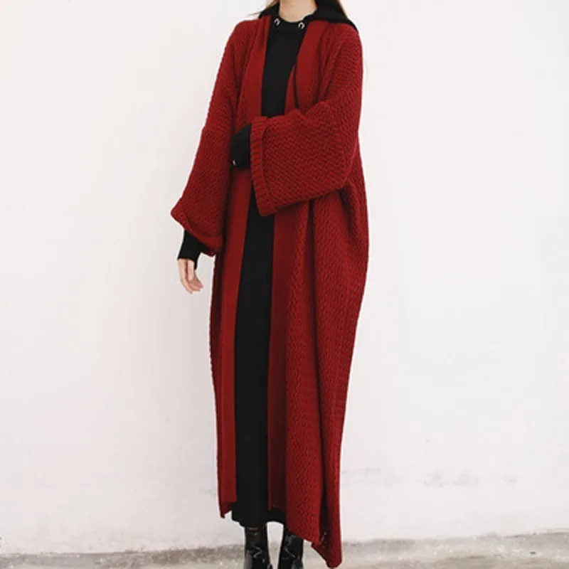 Зимний свитер женская одежда длинный свободный шерстяной Джемпер плотный однотонный вязаный кардиган размера плюс корейский вязаный кардиган Okd672