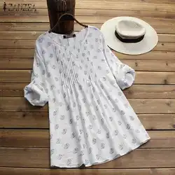 5XL 2019 ZANZEA для женщин в горошек блузка с принтом Весна О образным вырезом длинным рукавом Свободные Хлопок льняная рубашка повседневное