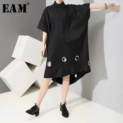 [EAM] 2019 новый сезон: Весна-Лето нагрудные короткий рукав черный подол выдалбливают Нерегулярные Рубашка больших размеров платье для женщин