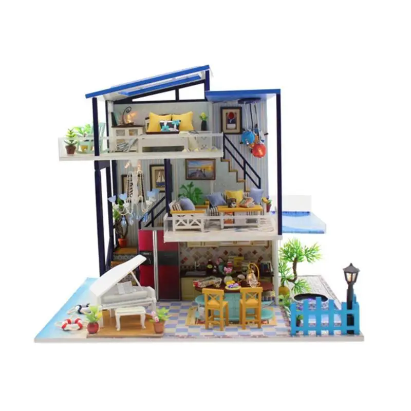 

New Handmade Doll House Assemble Model Toys Girls DIY Wood Flash Miniature Dollhouse Children Simulation Blue Ocean Villa Toys