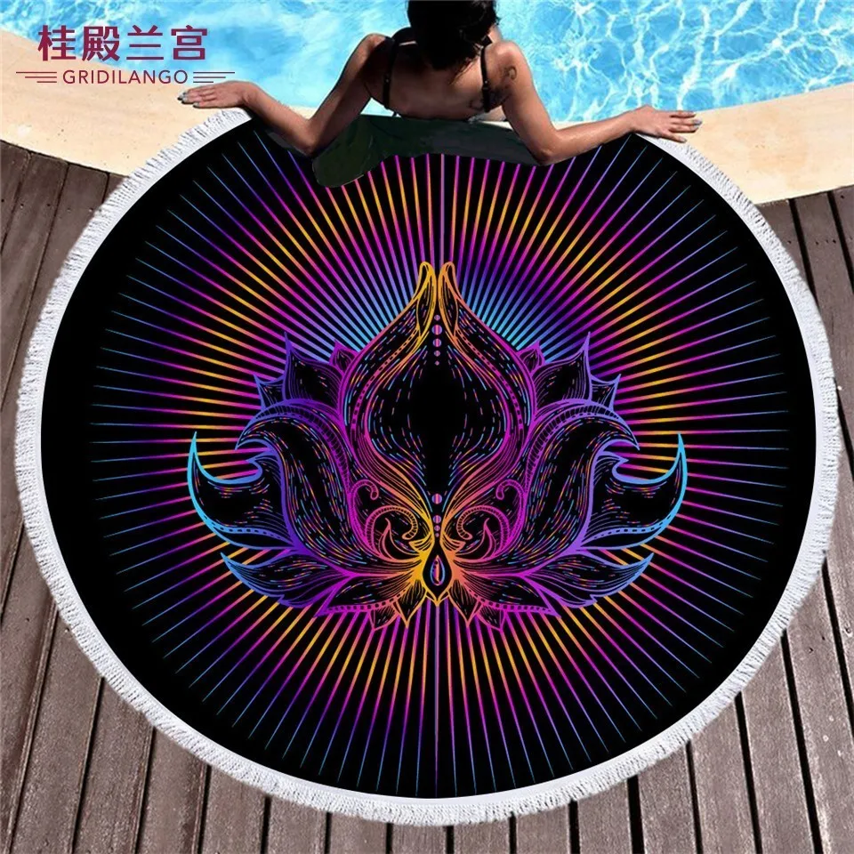 

GRIDILANGO Bohemia Colorful Pattern Round Beach Towel For Adult Quickly Absorbtable Swimming Travel Outdoor Yoga Mat Bath Towel