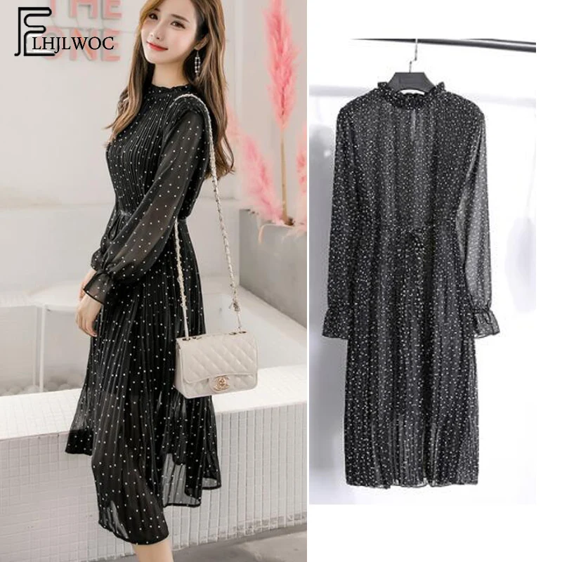 

Polka Dot Dresses Hot Sales Women 2019 Spring Basic Wear Korean Style Design Temperament Lady Black Chiffon Vintage Dress 5312