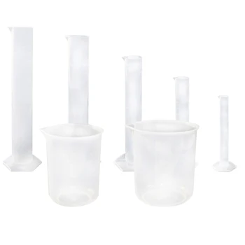 

5 Pcs Clear Plastic Graduated Cylinder, 10, 25, 50, 100, 250ml, with 2 Plastic Beakers and 1 Cylinder Brush
