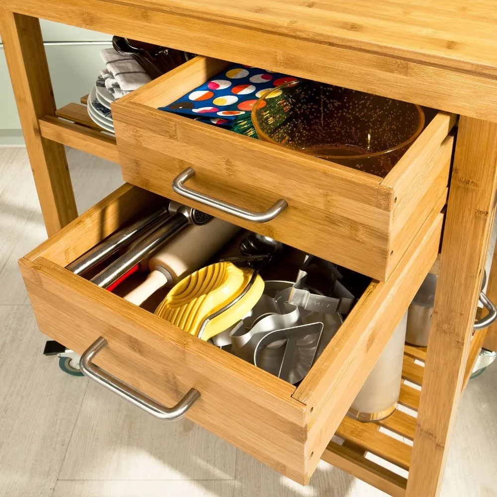 SoBuy FKW26-N Bamboo Storage Trolley Serving Trolley Kitchen Cart 2 Drawers and Shelves