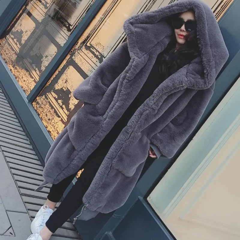 

Loose Winter Jacket Women Long Faux Fur Coat Female Zipper Warm Fake Rabbit Fur Outwear For Ladies 2019 Fashion Women Fur Coat